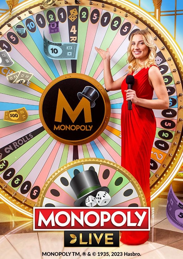 Ang Monopoly Live game board na may live host, super-sized na money wheel, at augmented reality na Mr. Monopoly.